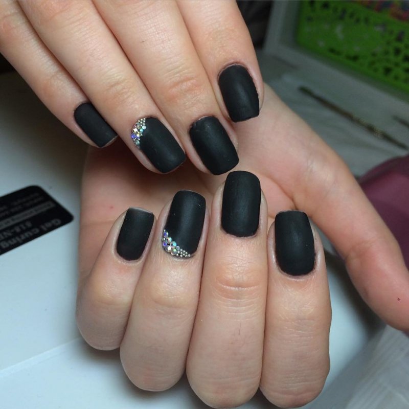 Короткие квадратные ногти черные матовые