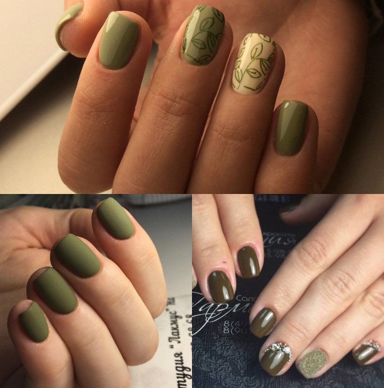 Маникюр зеленый с коричневым