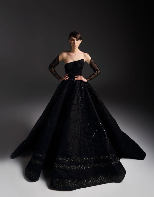 Robe de soiree, черное блестящее вечернее платье