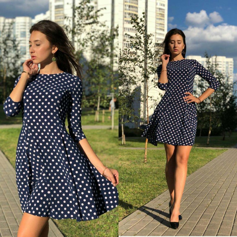 Длинное белое платье в черный горошек