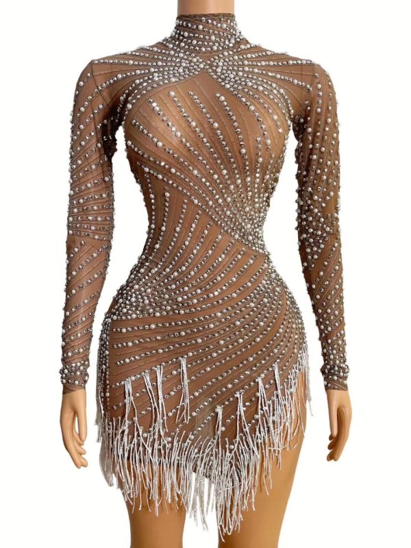 2022 New flashing Silver Rhinestones transparent Dress women's Birthday celebrate Dress Bar Latin Dancer Singer long Dress