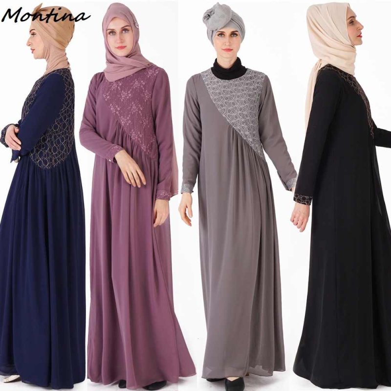 Black Dresses women Muslim Dress Kaftan arab Jilbab Abaya Islamic Lace stitching Maxi Dress autumn Winter Dress 2022 Robe longue