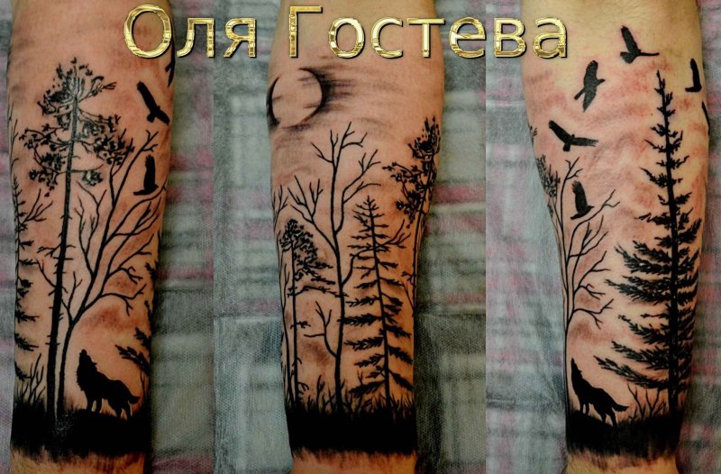 Блэкворк предплечье лес