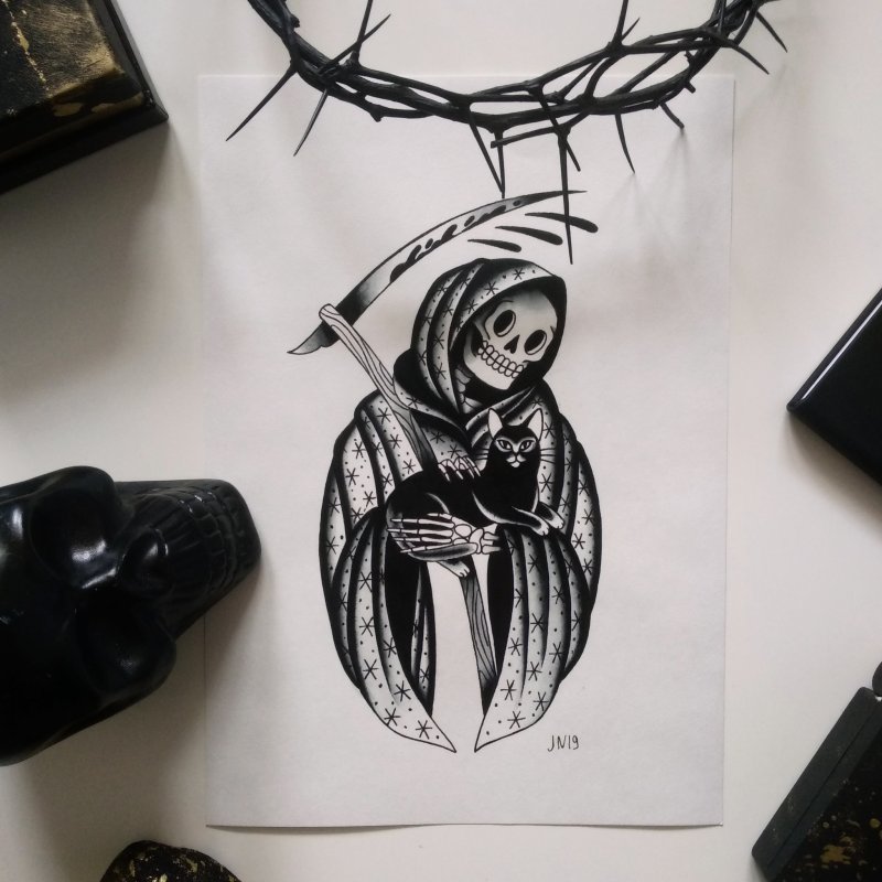 Эскиз котик с косой