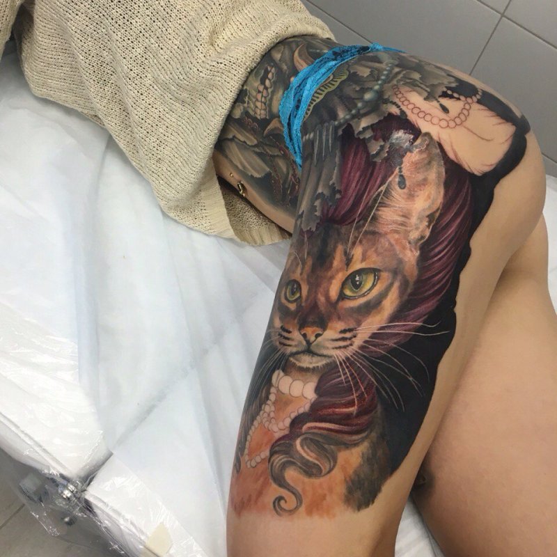 Тату кошка на пояснице