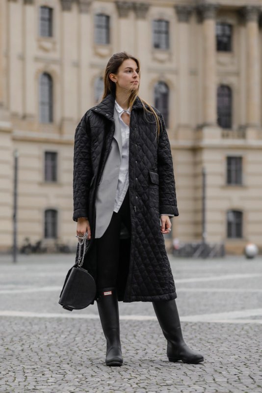 Стеганое черное пальто Street Style