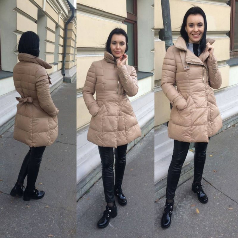 Бежевый длинный пуховик